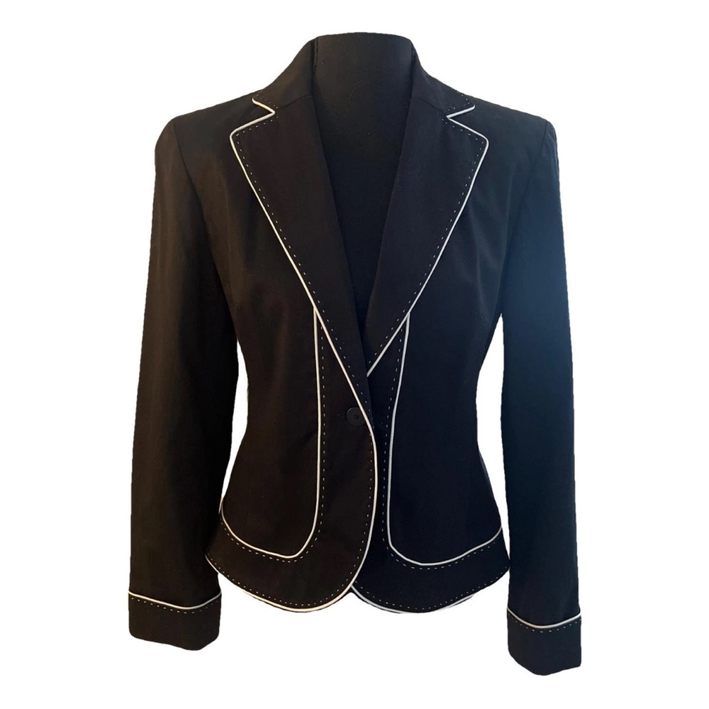 Anne Klein Black Blazer with White Piping Single-Button Closure Size 4 (Stretch)